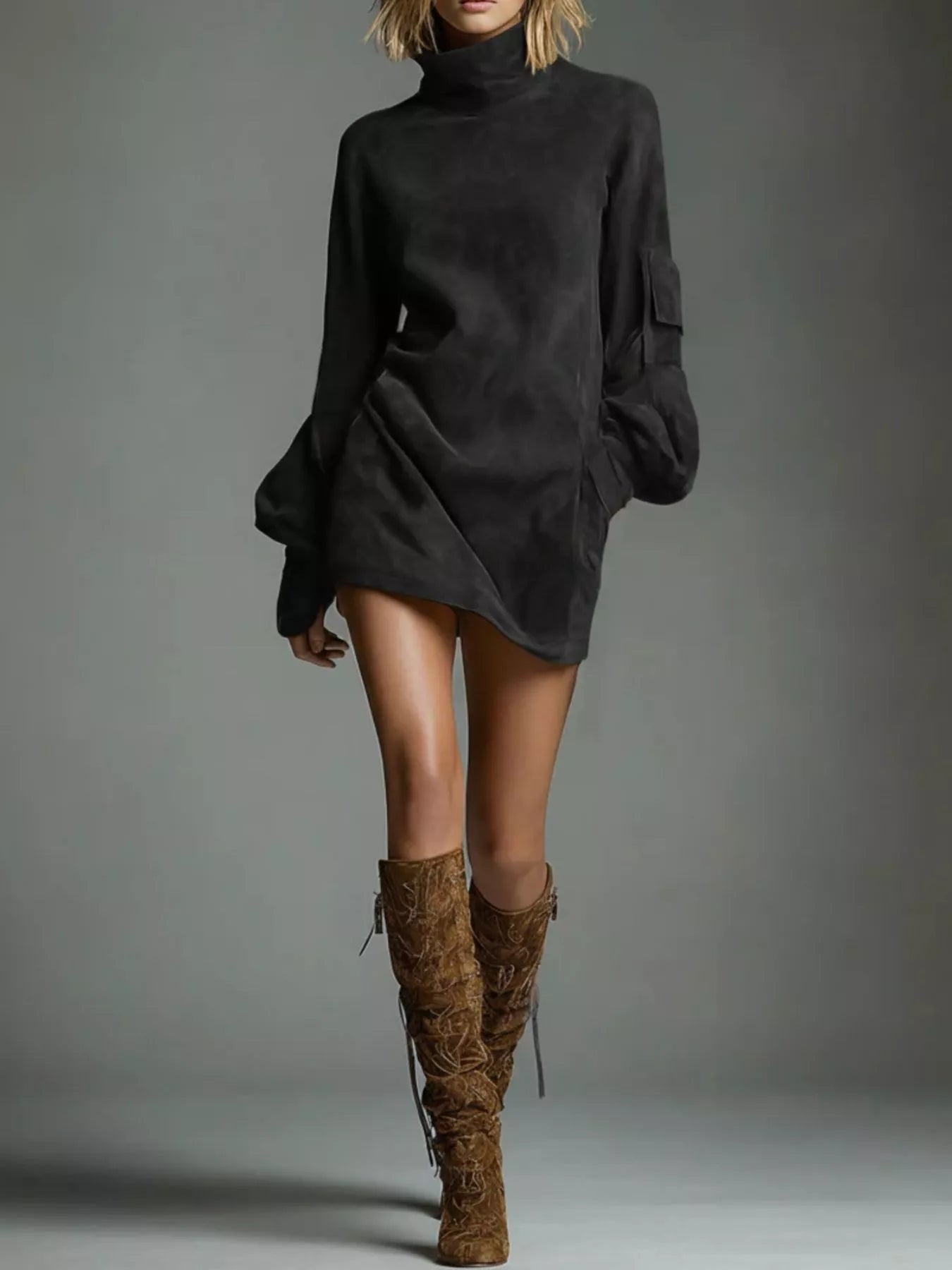 Turtleneck Lantern Sleeve Mini Dress with Pockets - Robbi & Angel