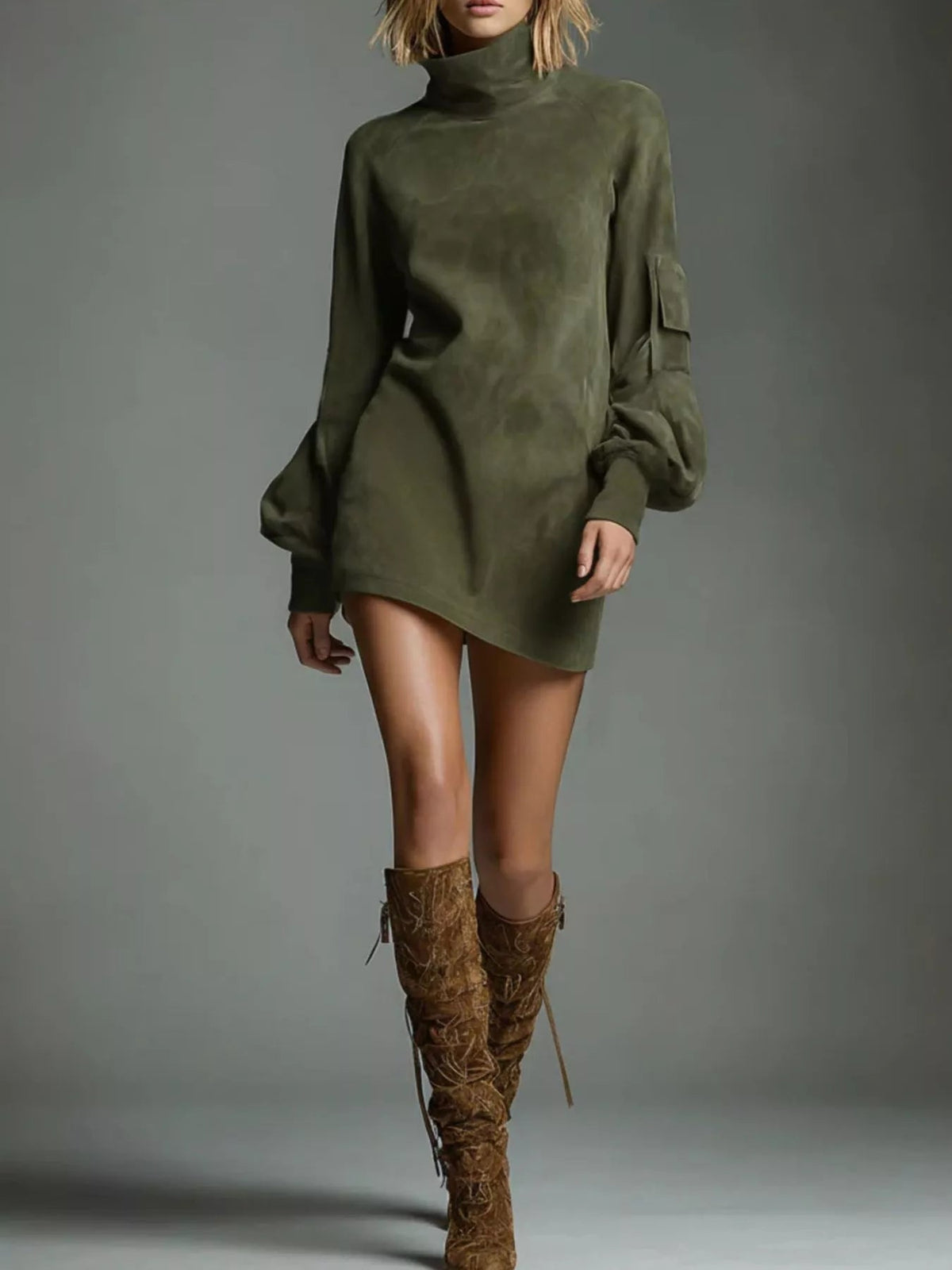 Turtleneck Lantern Sleeve Mini Dress with Pockets - Robbi & Angel