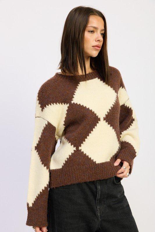 TWO TONE ARGYLE OVERSIZED SWEATER - Robbi & Angel