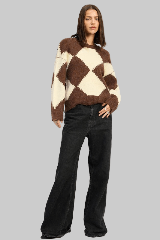 TWO TONE ARGYLE OVERSIZED SWEATER - Robbi & Angel