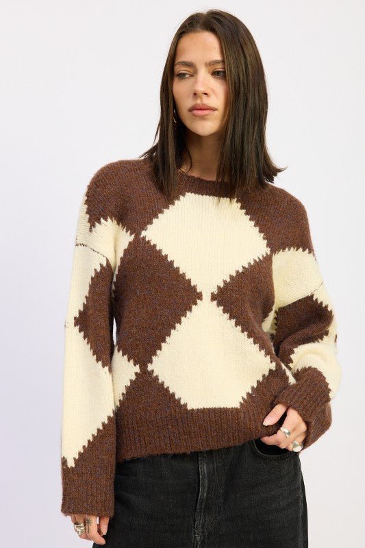 TWO TONE ARGYLE OVERSIZED SWEATER - Robbi & Angel