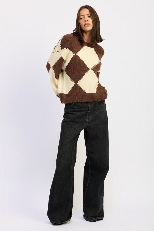 TWO TONE ARGYLE OVERSIZED SWEATER - Robbi & Angel