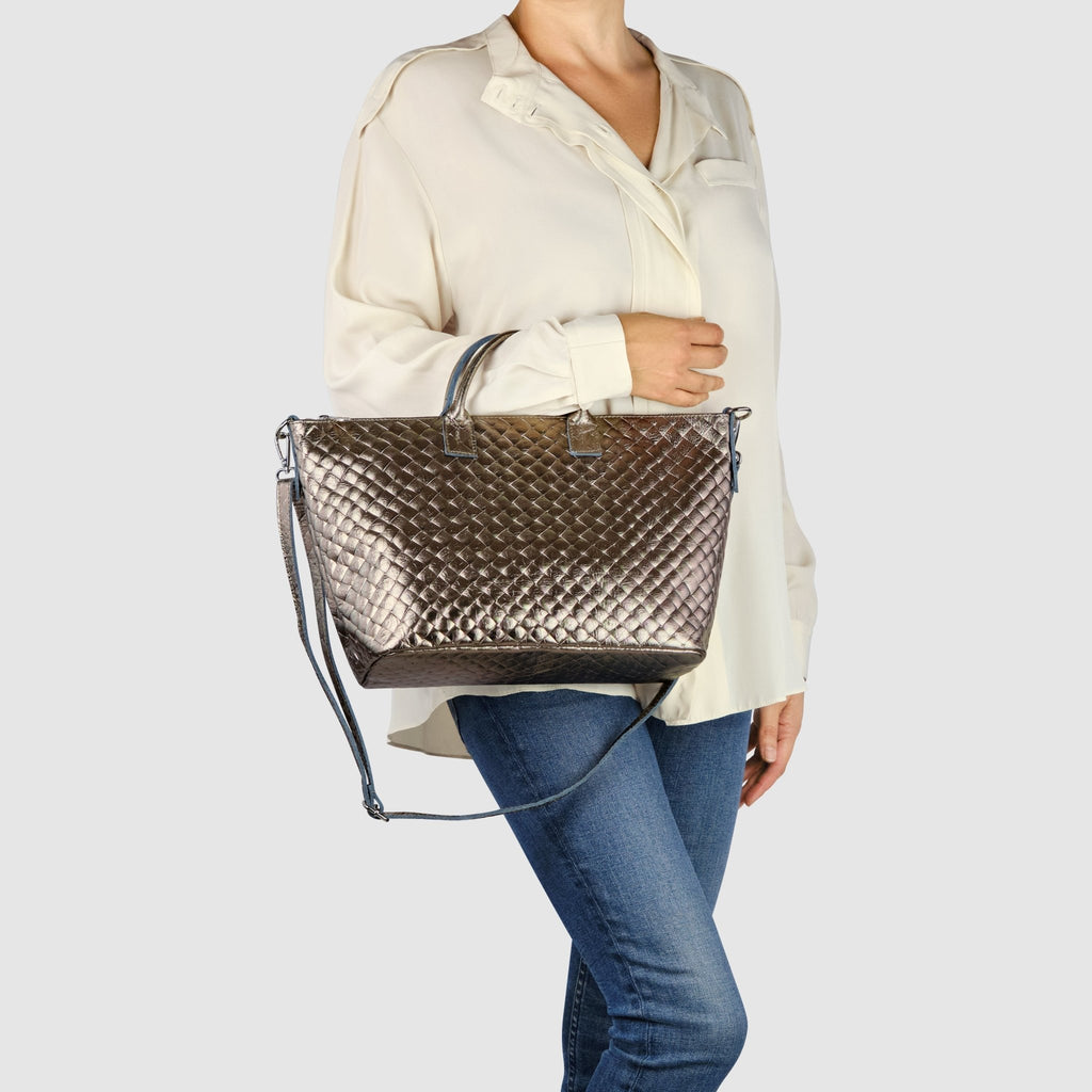 Urbino Italian Genuine Woven-Embossed Metallic Suede Top-Handle Bag - Robbi & Angel