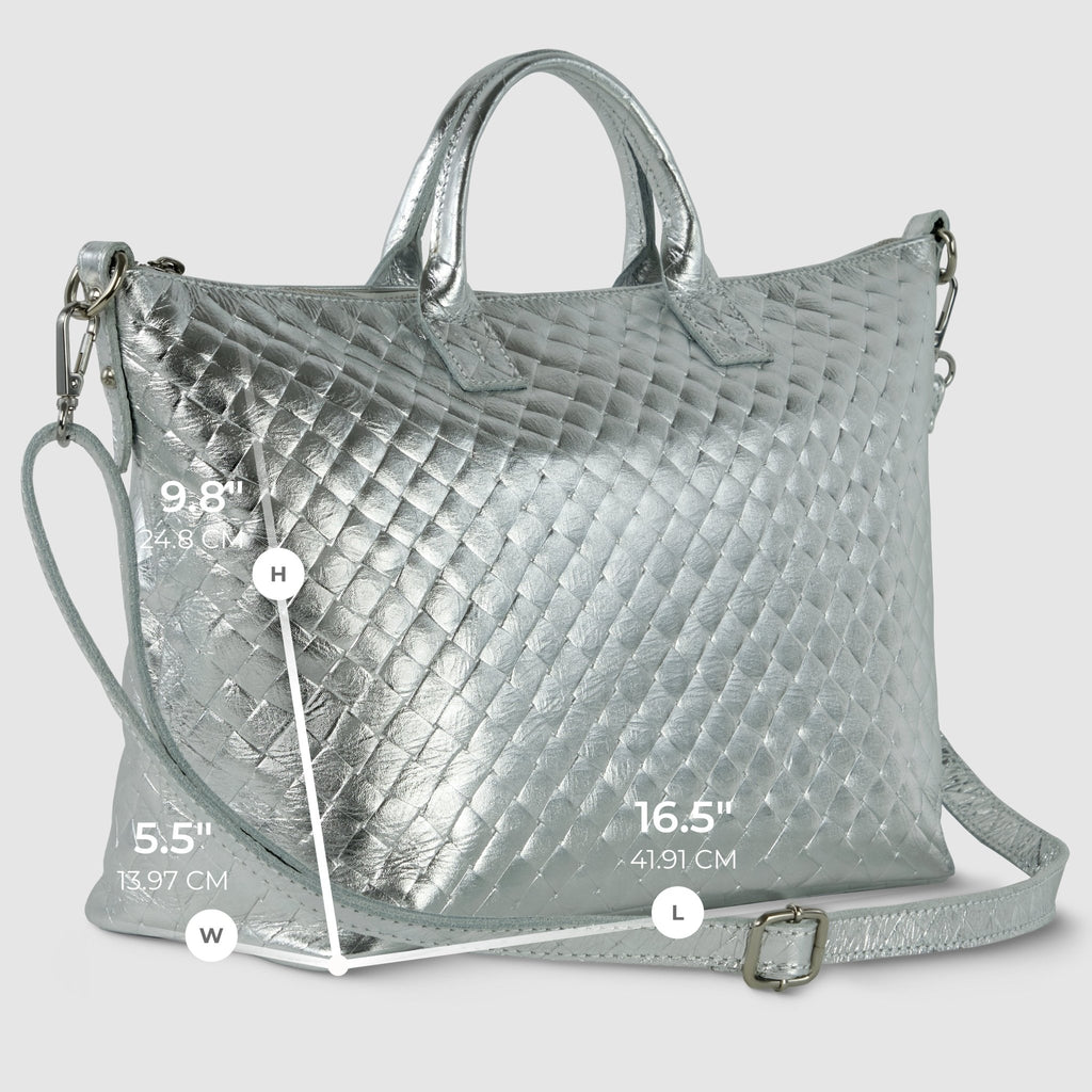 Urbino Italian Genuine Woven-Embossed Metallic Suede Top-Handle Bag - Robbi & Angel