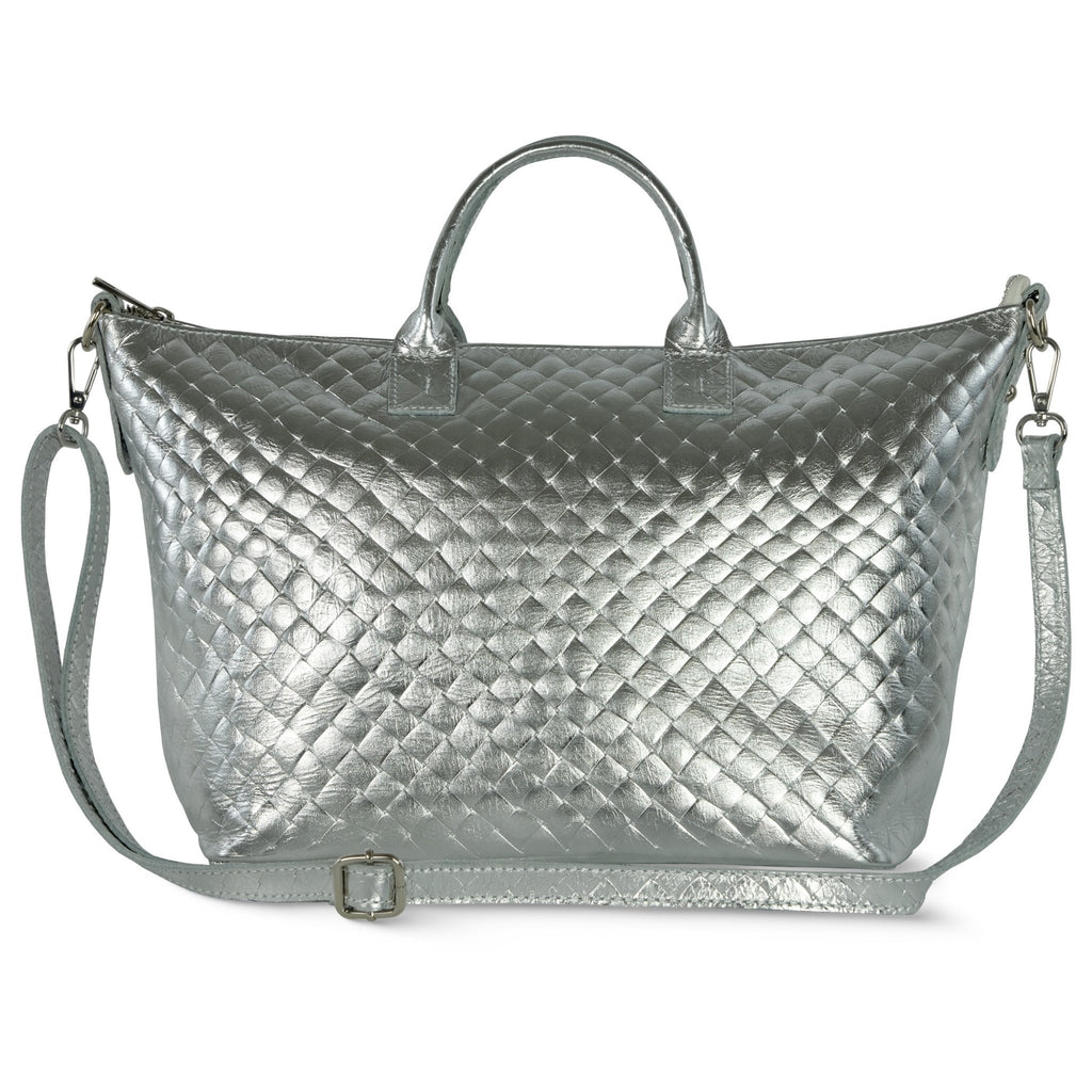Urbino Italian Genuine Woven-Embossed Metallic Suede Top-Handle Bag - Robbi & Angel
