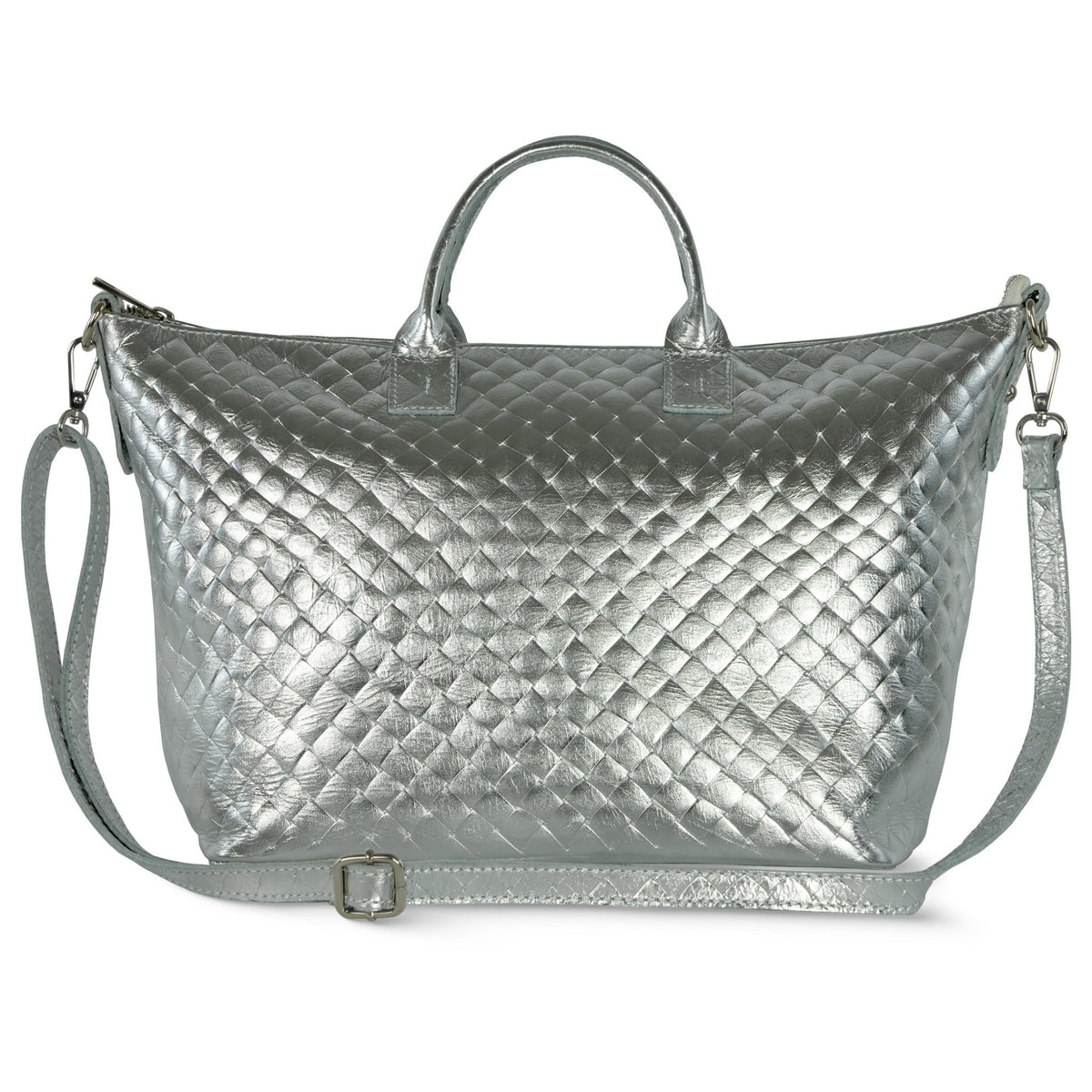Urbino Italian Genuine Woven-Embossed Metallic Suede Top-Handle Bag - Robbi & Angel