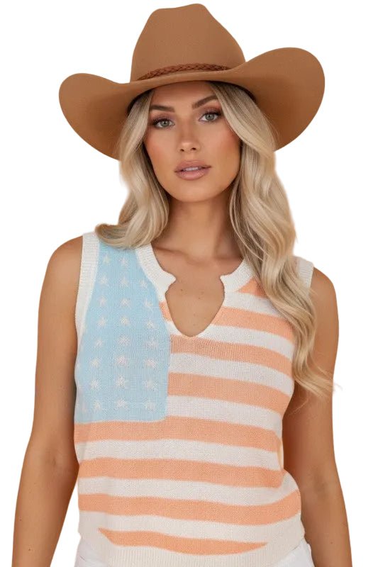 USA Flag Notch Neck Sleeveless Sweater Top - Robbi & Angel