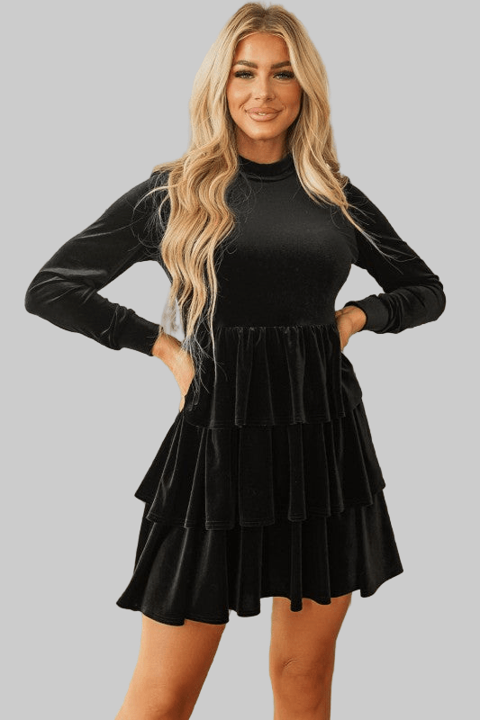 Velvet High Neck Long Sleeve Tiered Ruffle Mini Dress - Robbi & Angel
