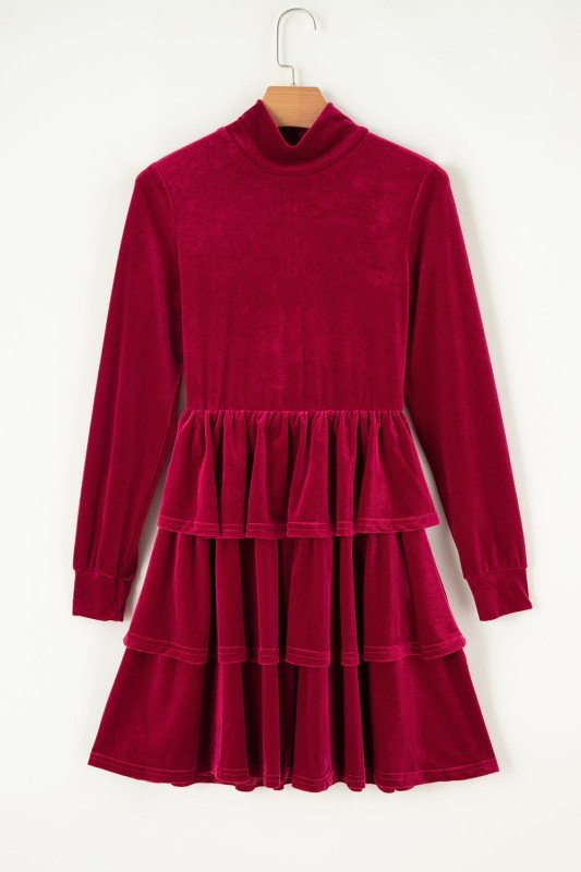 Velvet High Neck Long Sleeve Tiered Ruffle Mini Dress - Robbi & Angel