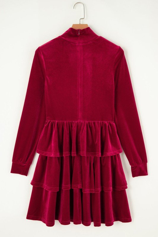 Velvet High Neck Long Sleeve Tiered Ruffle Mini Dress - Robbi & Angel