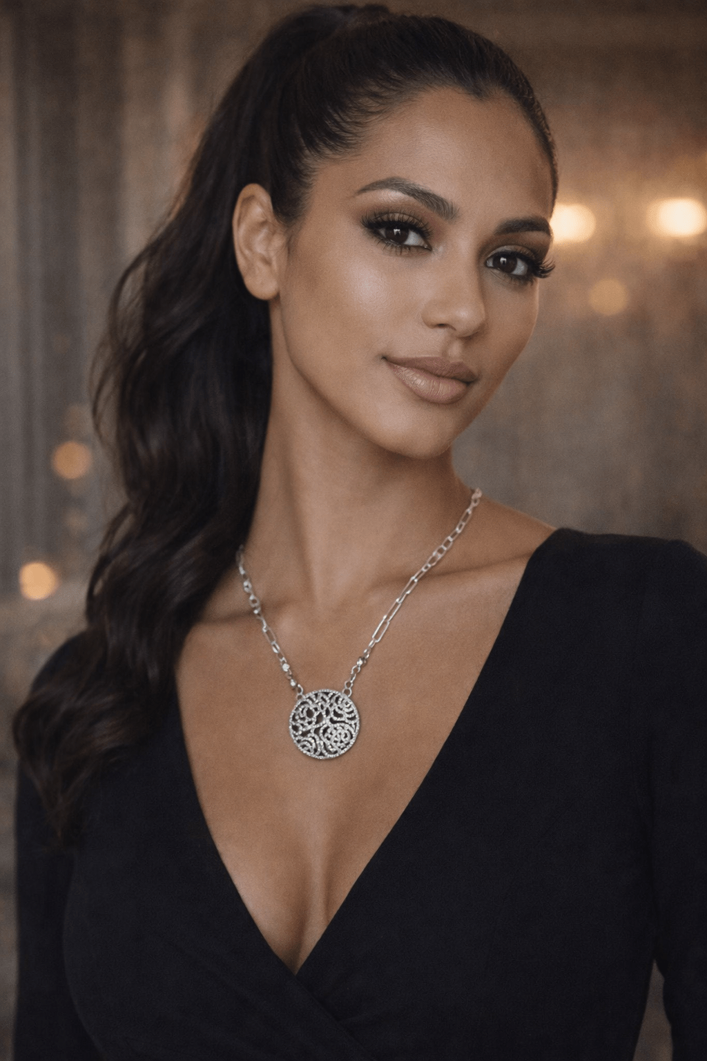 Victoria Crystal Silver Round Medallion Paper Clip Necklace - Robbi & Angel