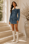 Vina Fur Trimmed Denim Cargo Dress - Robbi & Angel