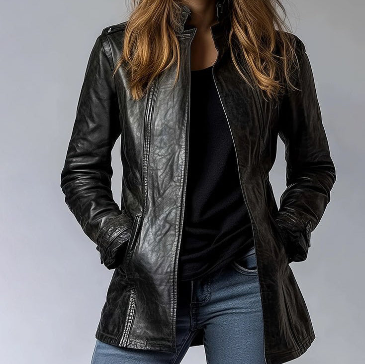 Viona Vintage Style PU Jacket — Mid-Length Open Cardigan - Robbi & Angel