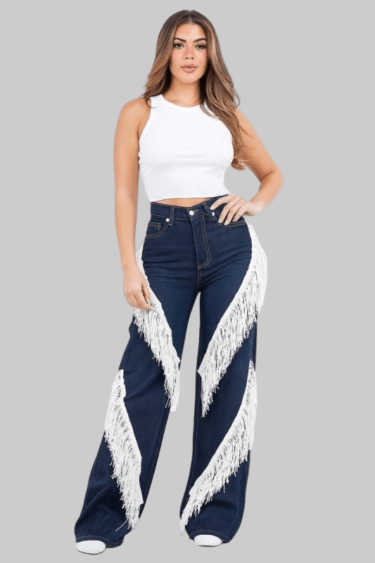 Western Fringe Wide Leg Jean - White Fringe - Robbi & Angel