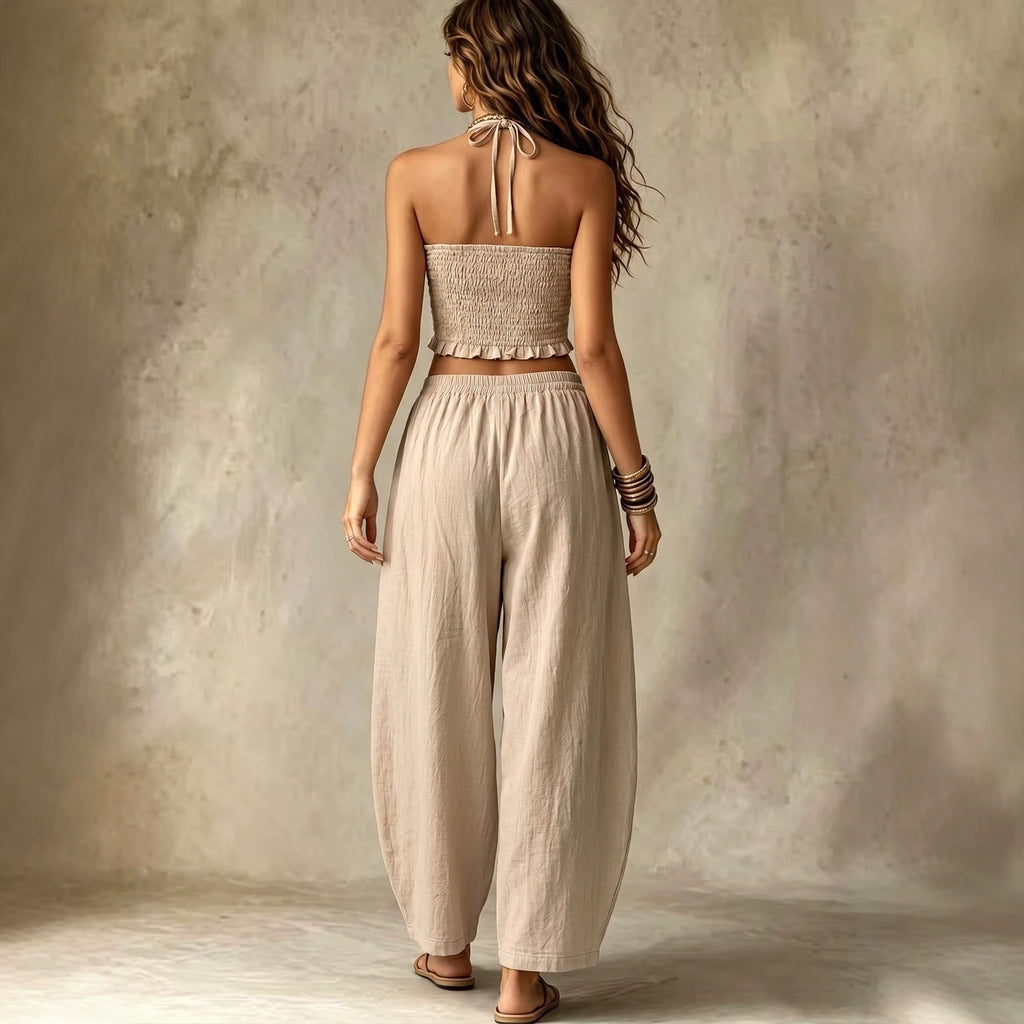 Wilma Halter Neck V-Neck Crop Top & Loose Lantern Pants Linen Two-Piece Set - Robbi & Angel