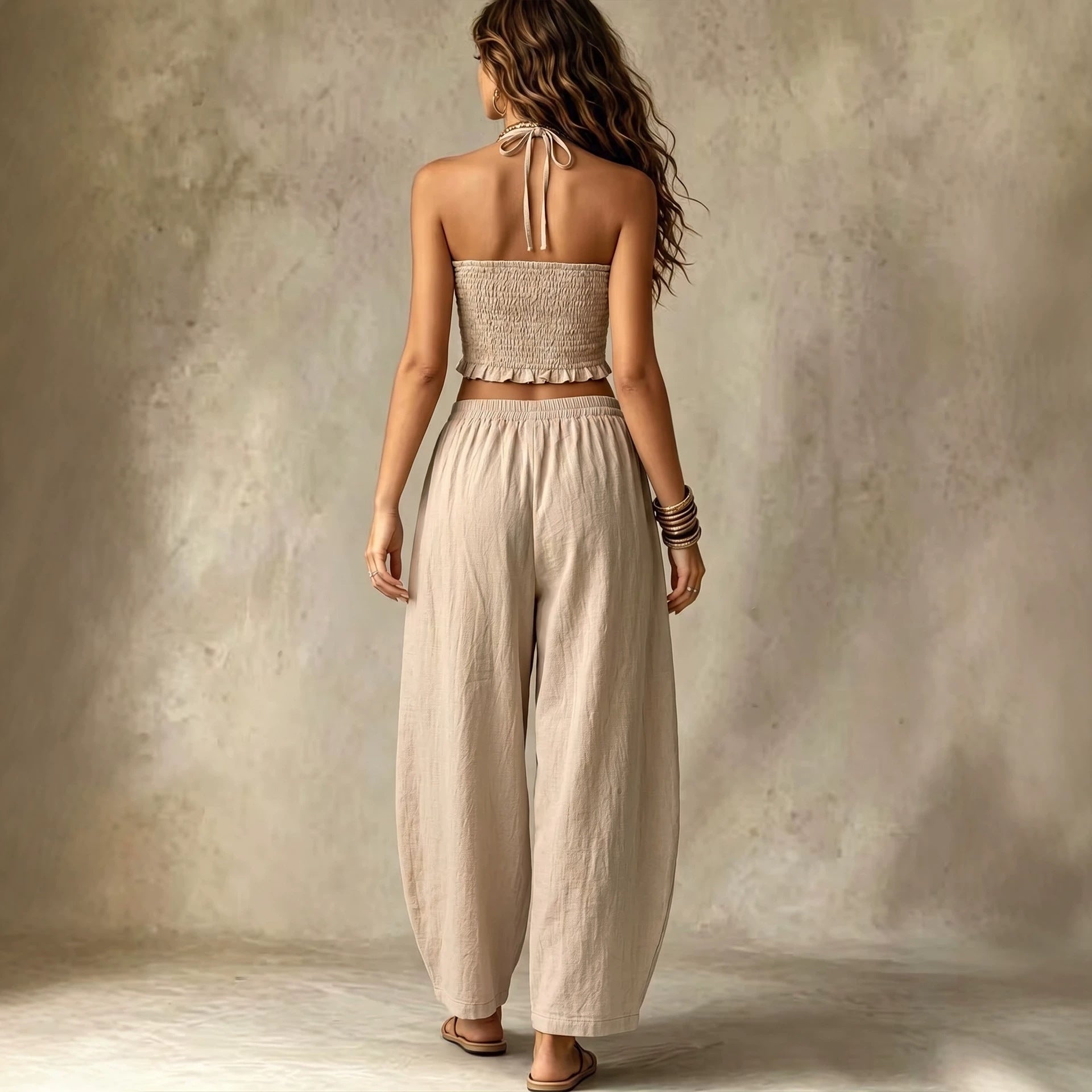 Wilma Halter Neck V-Neck Crop Top & Loose Lantern Pants Linen Two-Piece Set - Robbi & Angel