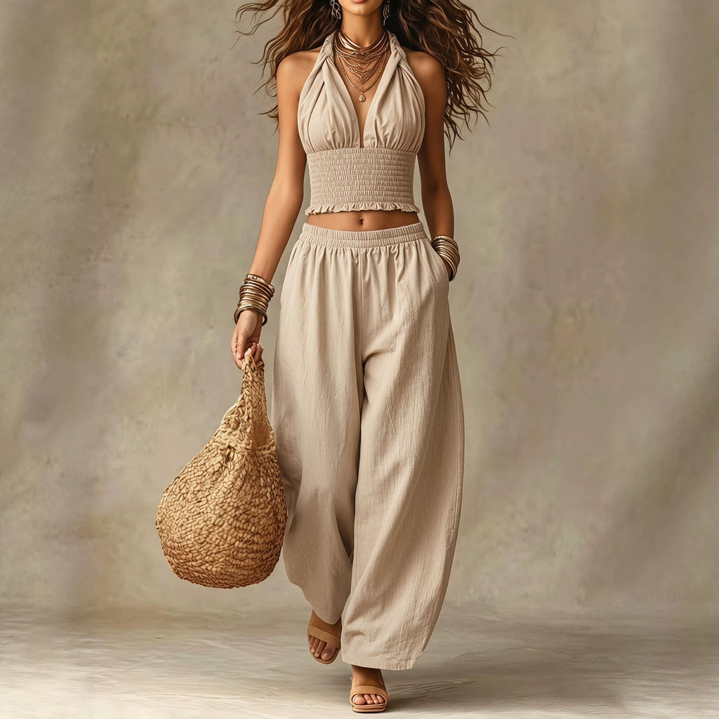 Wilma Halter Neck V-Neck Crop Top & Loose Lantern Pants Linen Two-Piece Set - Robbi & Angel