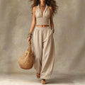 Wilma Halter Neck V-Neck Crop Top & Loose Lantern Pants Linen Two-Piece Set - Robbi & Angel