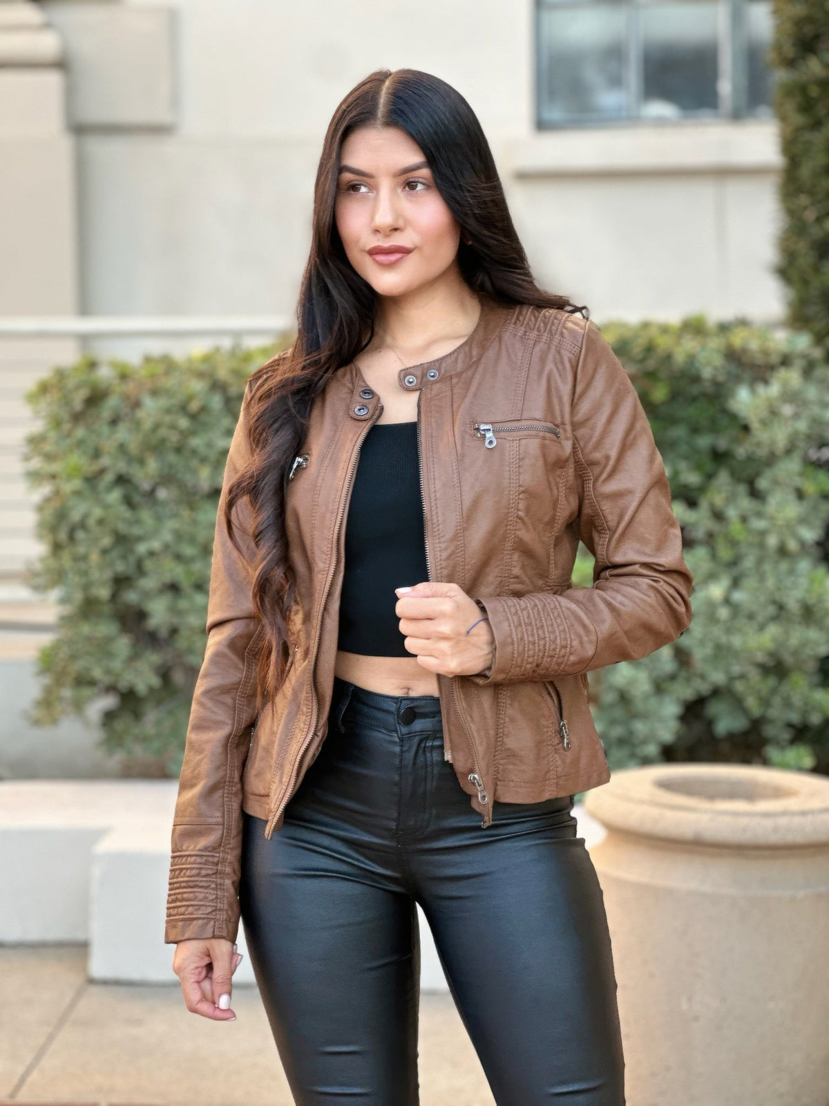 Woman Fashion Hooded Faux Leather Jacket - Robbi & Angel