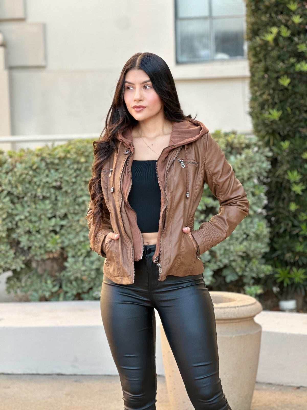 Woman Fashion Hooded Faux Leather Jacket - Robbi & Angel