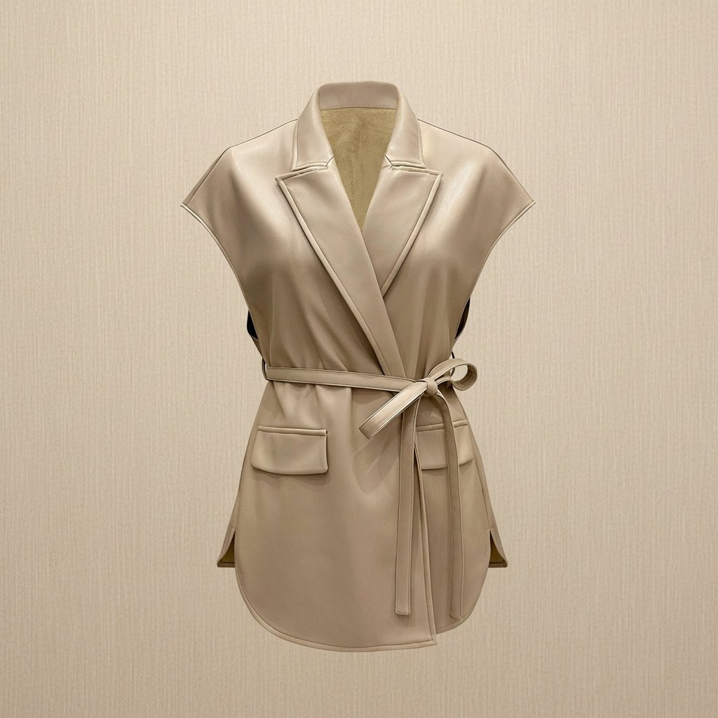 Women's Sleeveless PU Leather Vest Jacket – Suit Collar Tie-Up Waist Outerwear - Robbi & Angel