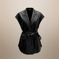 Women's Sleeveless PU Leather Vest Jacket – Suit Collar Tie-Up Waist Outerwear - Robbi & Angel