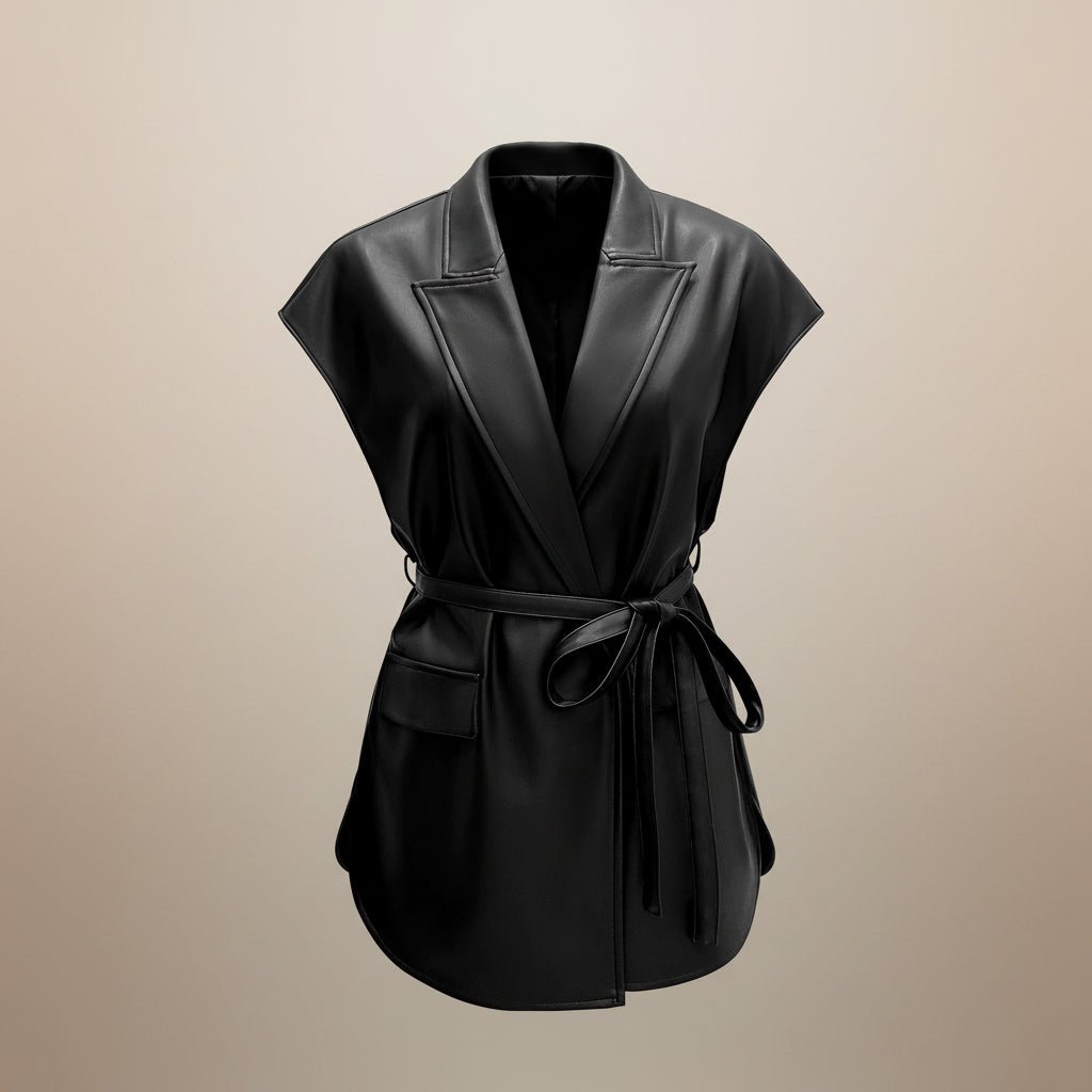 Women's Sleeveless PU Leather Vest Jacket – Suit Collar Tie-Up Waist Outerwear - Robbi & Angel