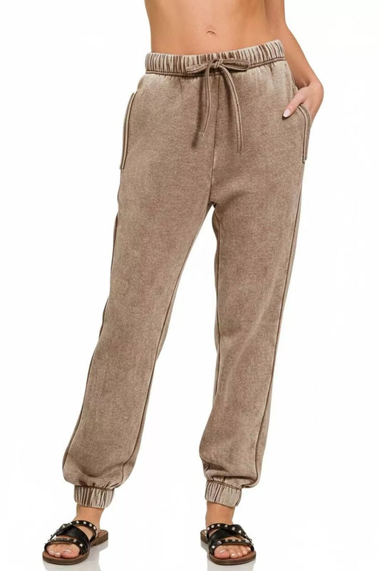 Zenana Acid Wash Fleece Sweatpants with Pockets - Robbi & Angel