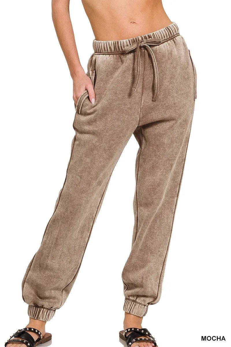 Zenana Acid Wash Fleece Sweatpants with Pockets - Robbi & Angel