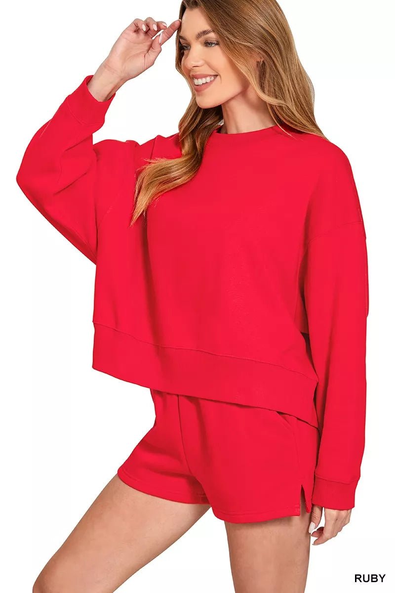 Zenana Fleece Round Neck Sweatshirt and Shorts Set - Robbi & Angel
