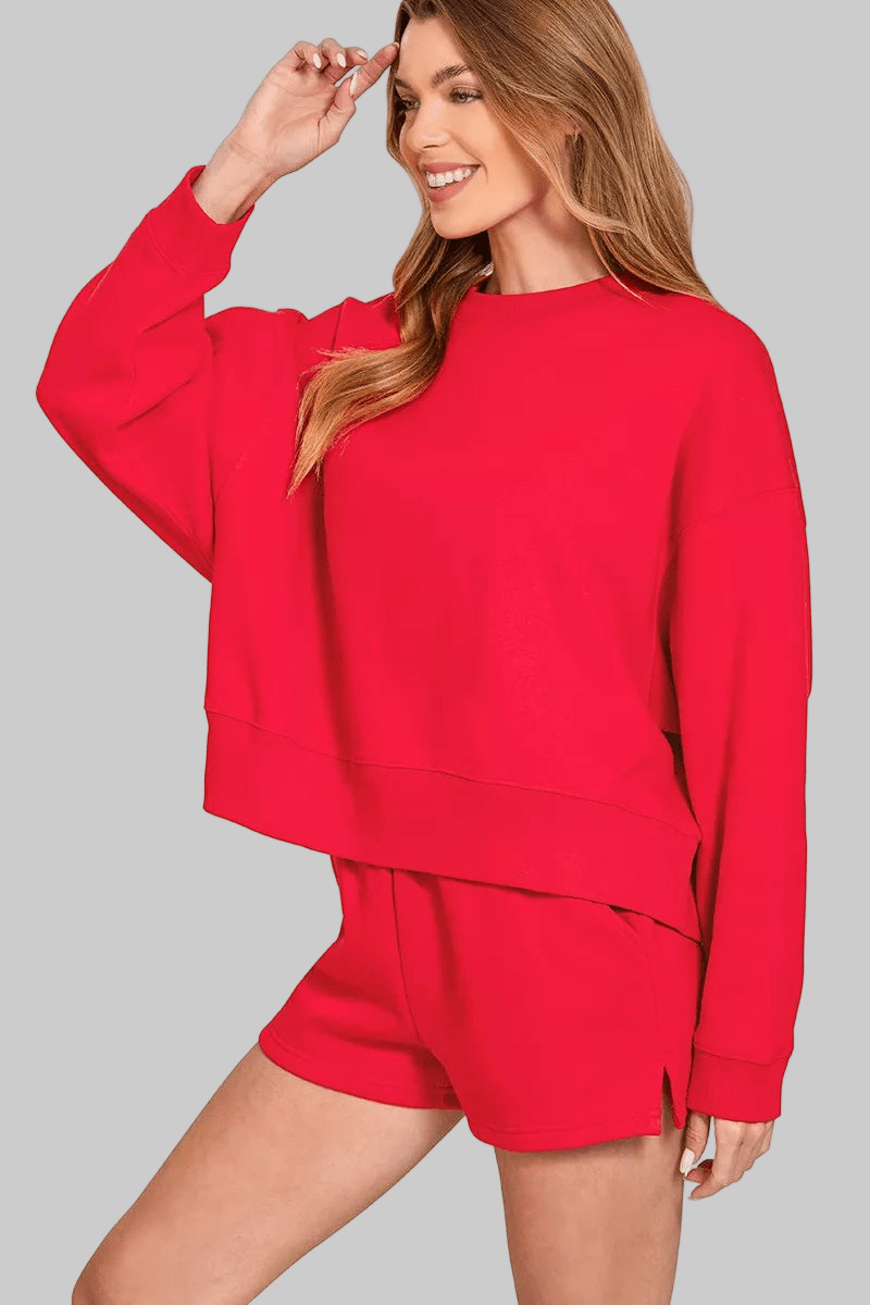 Zenana Fleece Round Neck Sweatshirt and Shorts Set - Robbi & Angel