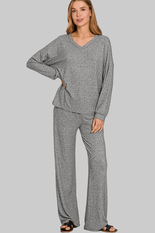 Zenana Soft Melange Long Sleeve Tee & Pants Set - Robbi & Angel