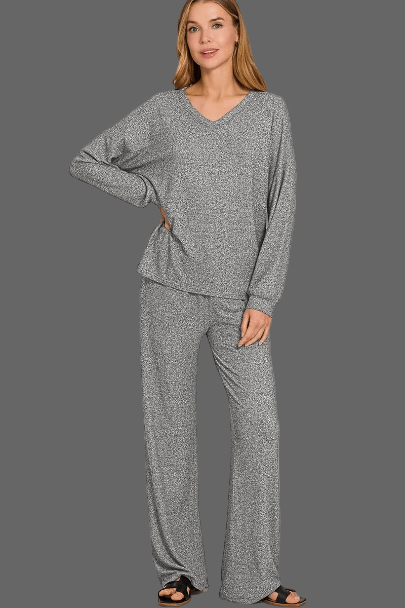Zenana Soft Melange Long Sleeve Tee & Pants Set - Robbi & Angel