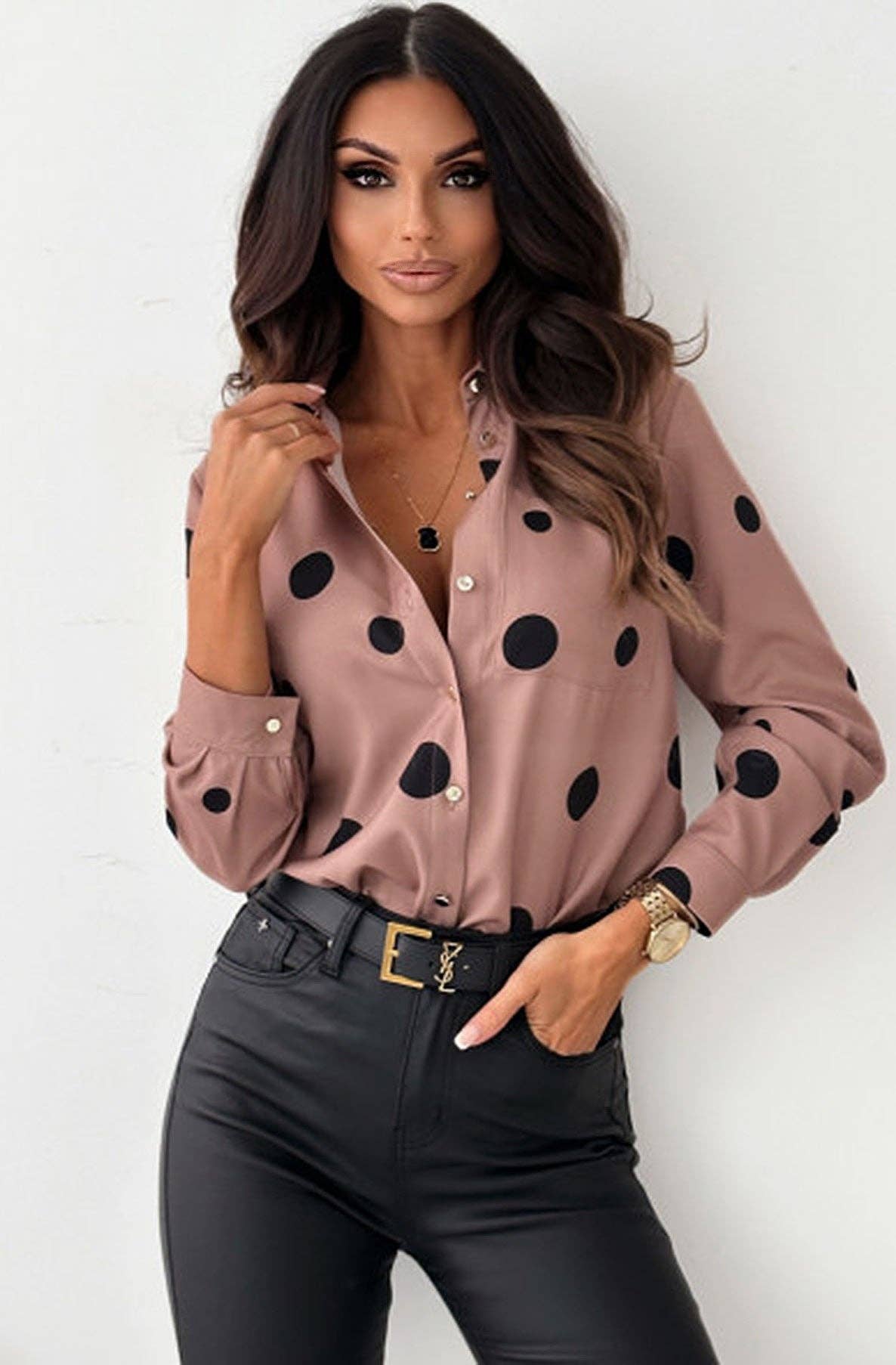 Dottie Pocket Detail Dotted Blouse Top-Mocha