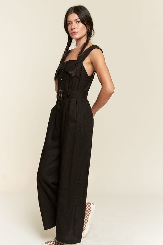 PLUS SLEEVELESS SQUARE NECK BUTTON ANKLE JUMPSUIT - Robbi & Angel