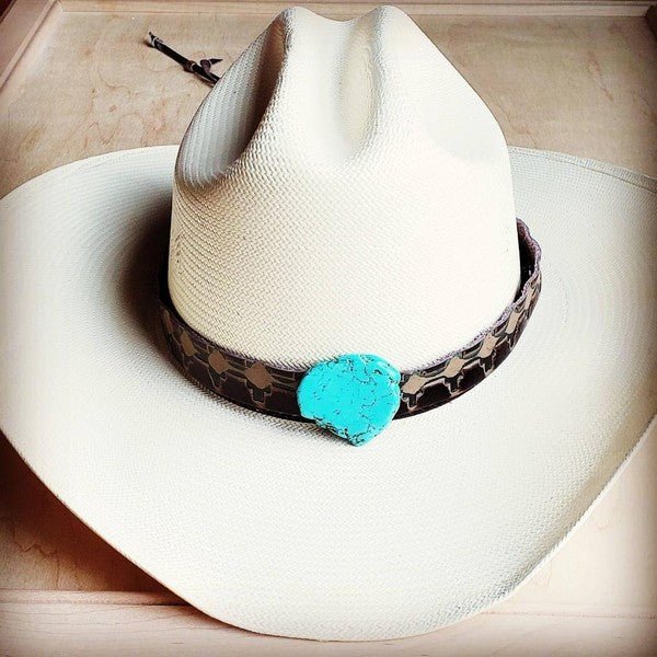 Navajo Embossed Leather Hat Band w/ Turquoise Slab - Robbi & Angel