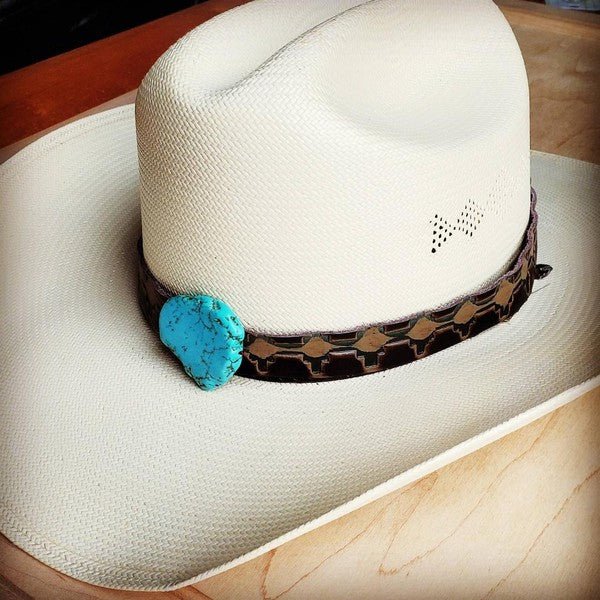 Navajo Embossed Leather Hat Band w/ Turquoise Slab - Robbi & Angel