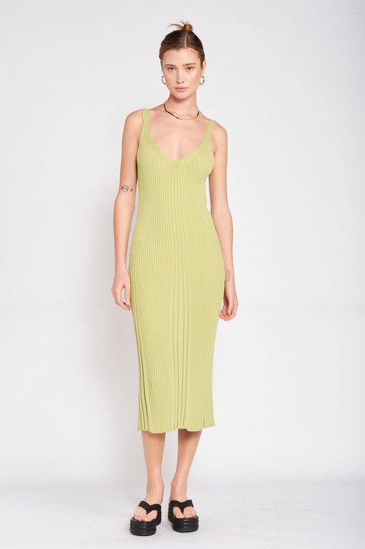 V NECK RIBBED MIDI DRESS WITH OPEN BACK - Robbi & Angel