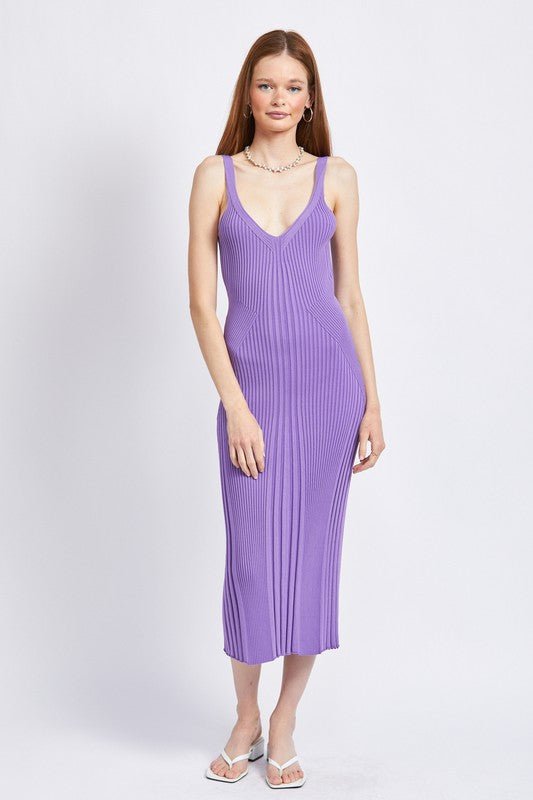 V NECK RIBBED MIDI DRESS WITH OPEN BACK - Robbi & Angel