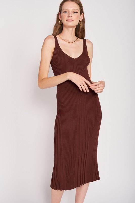 V NECK RIBBED MIDI DRESS WITH OPEN BACK - Robbi & Angel