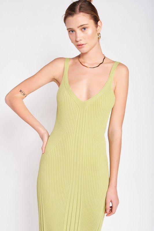 V NECK RIBBED MIDI DRESS WITH OPEN BACK - Robbi & Angel