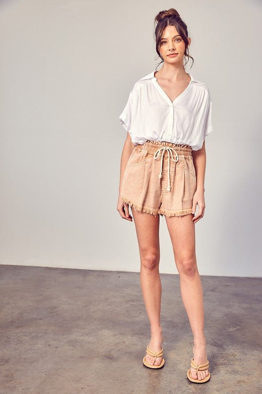 Wide Waistband Destroyed Frayed Denim Shorts - Robbi & Angel