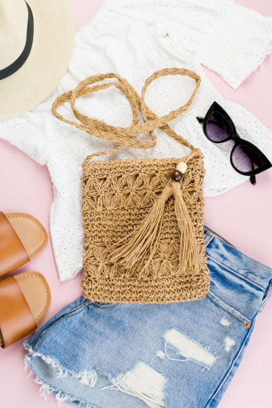 Woven Straw Tassel Accent Crossbody Bag - Robbi & Angel