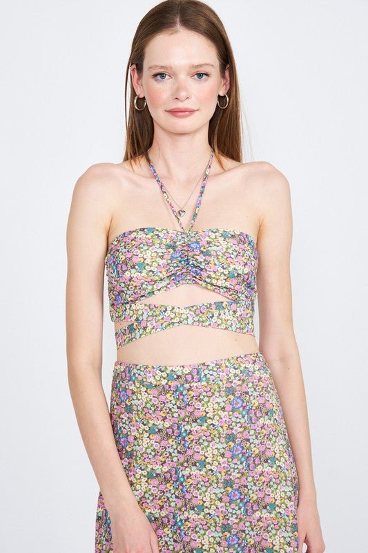 HALTER NECK FLORAL CROP TOP WITH BACK SMOCKING - Robbi & Angel