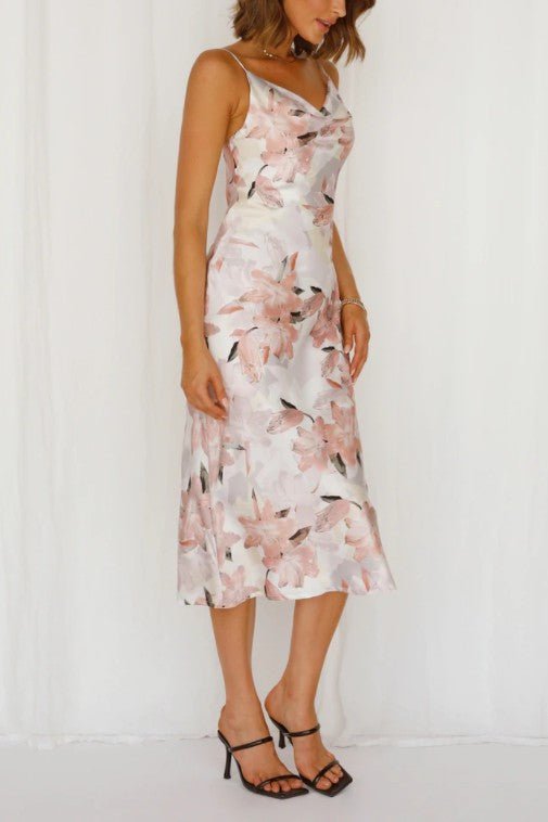 Floral Print Satin Midi Dress - Robbi & Angel