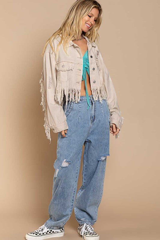 Plus Fringe-Detailed Cropped Denim Jacket - Robbi & Angel