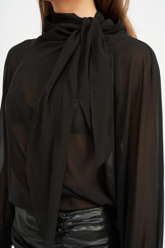 CONTRASTED SHEER TOP WITH SCARF DETAIL - Robbi & Angel