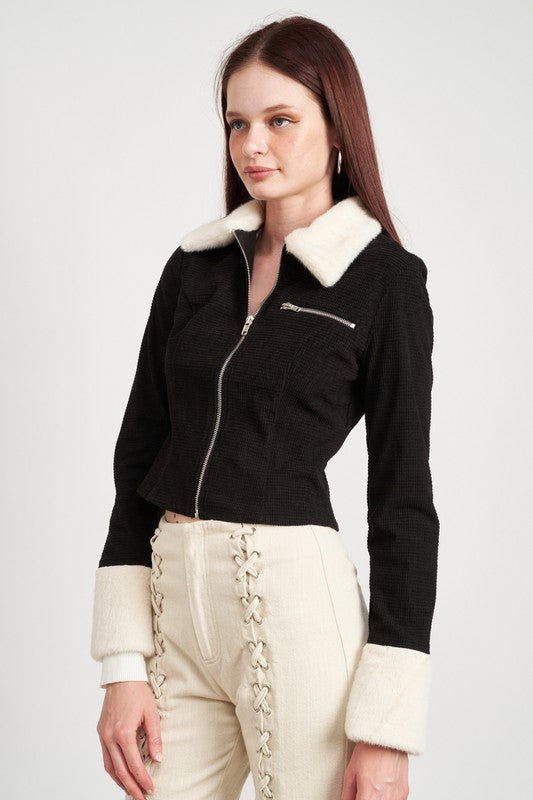 CONTRASTED COLLAR AND CUFF CROP JACKET - Robbi & Angel