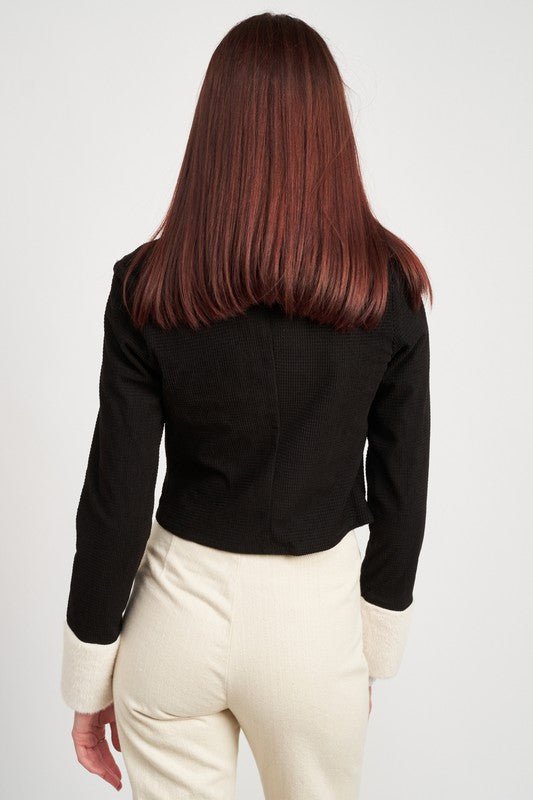 CONTRASTED COLLAR AND CUFF CROP JACKET - Robbi & Angel