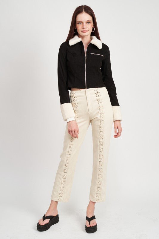 CONTRASTED COLLAR AND CUFF CROP JACKET - Robbi & Angel